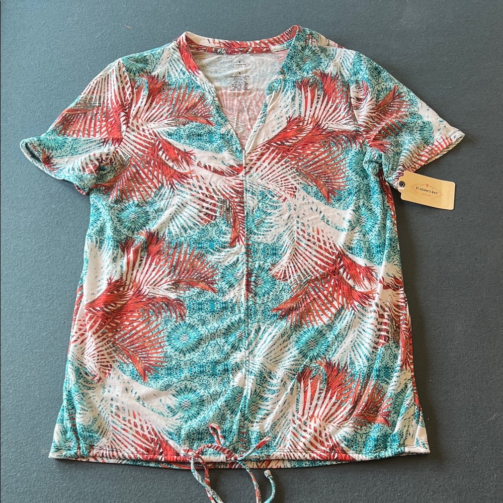 Tropical print, rust & teal, V neckline